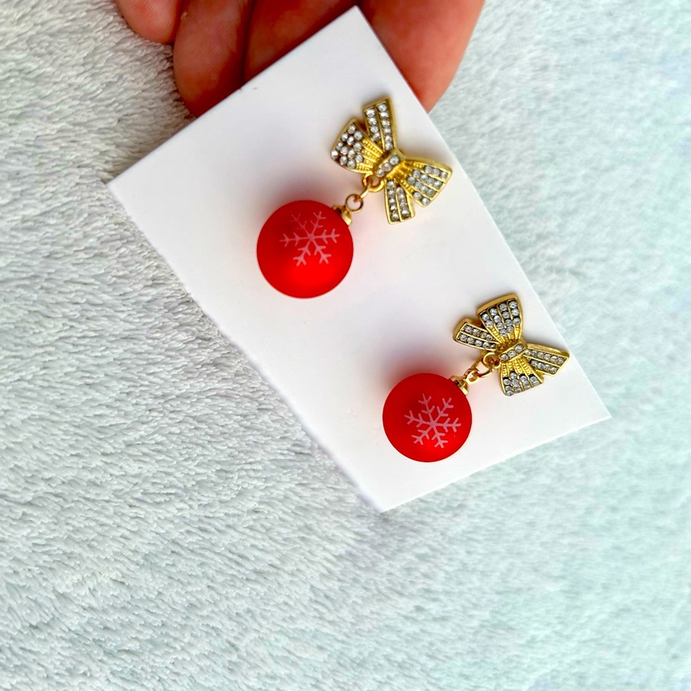 NWT Earrings Bow Rhinestone Dangle Drop Red Ball Pierced New!